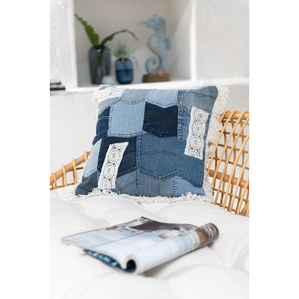 Coussin J-Line Patchwork - denim/coton - bleu/blanc