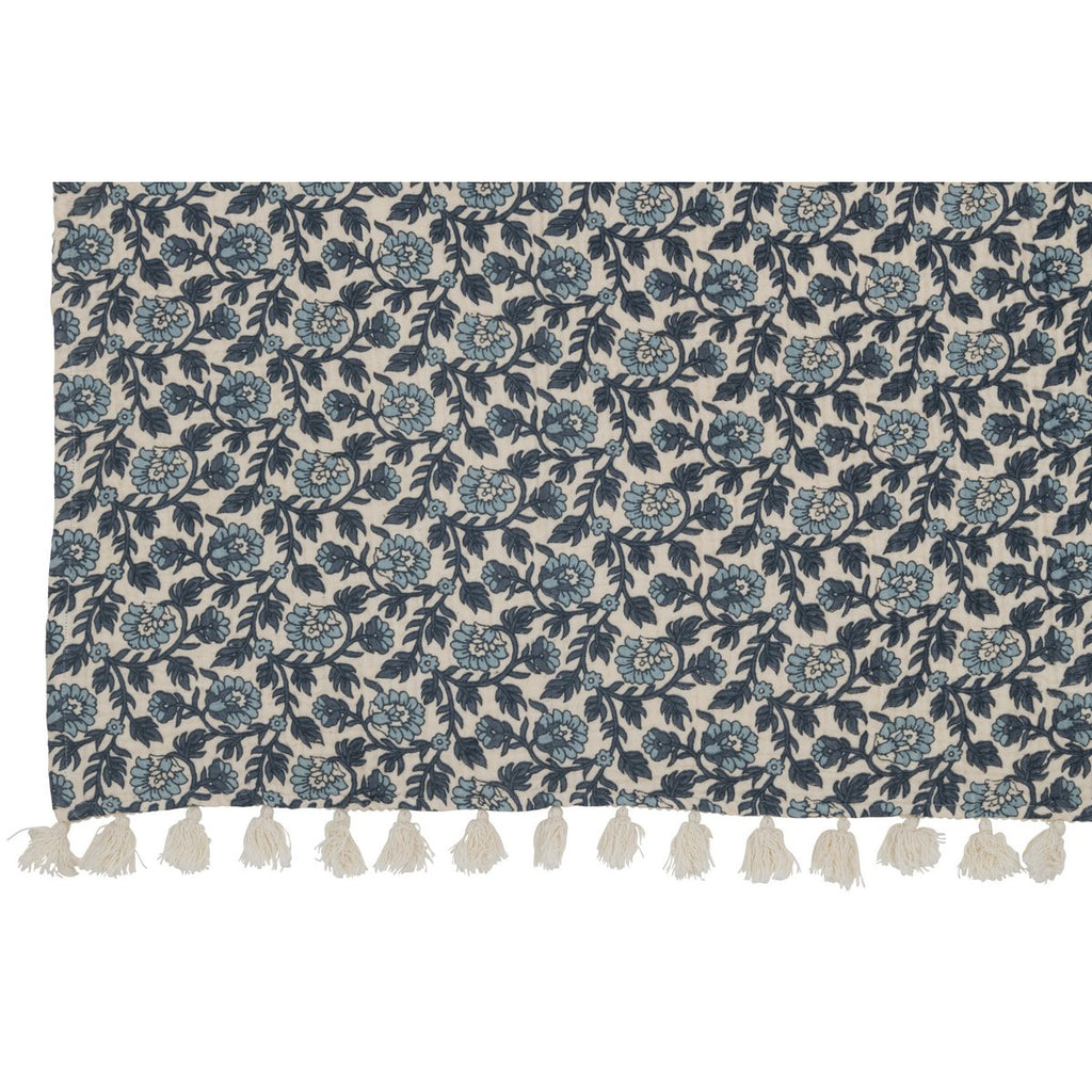 J-Line Plaid fleurs - coton - bleu - 180 x 130 cm