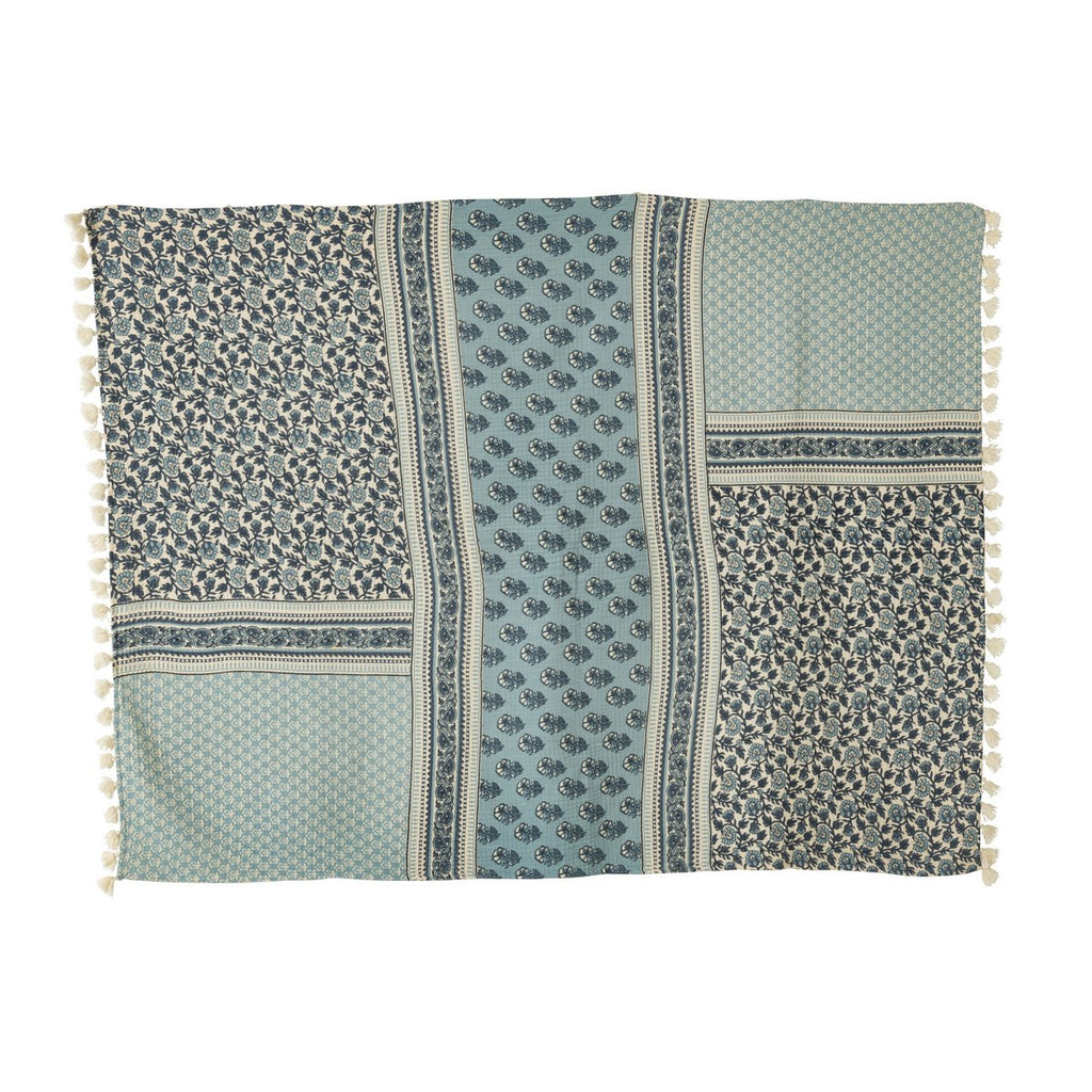 J-Line Plaid fleurs - coton - bleu - 180 x 130 cm