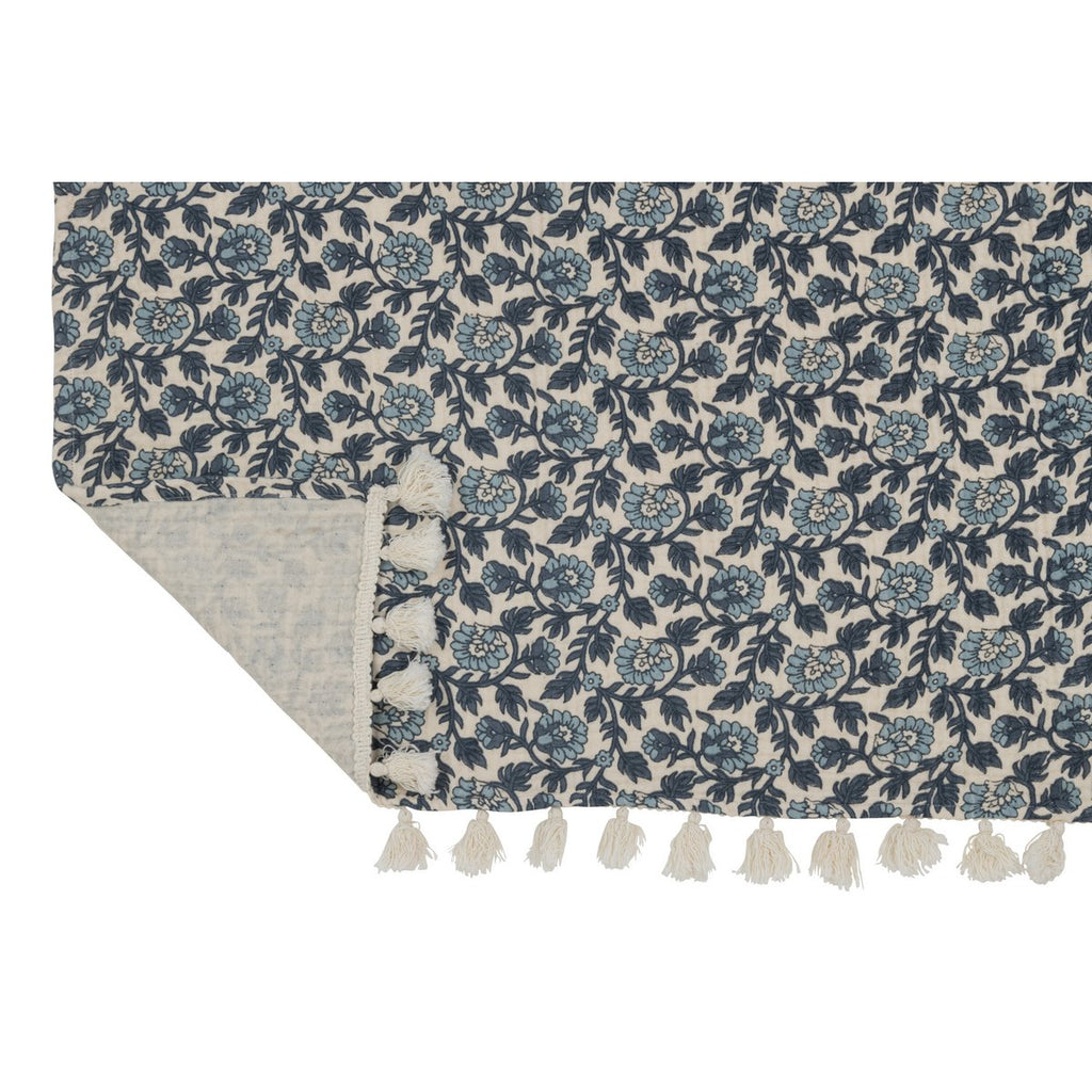 J-Line Plaid fleurs - coton - bleu - 180 x 130 cm